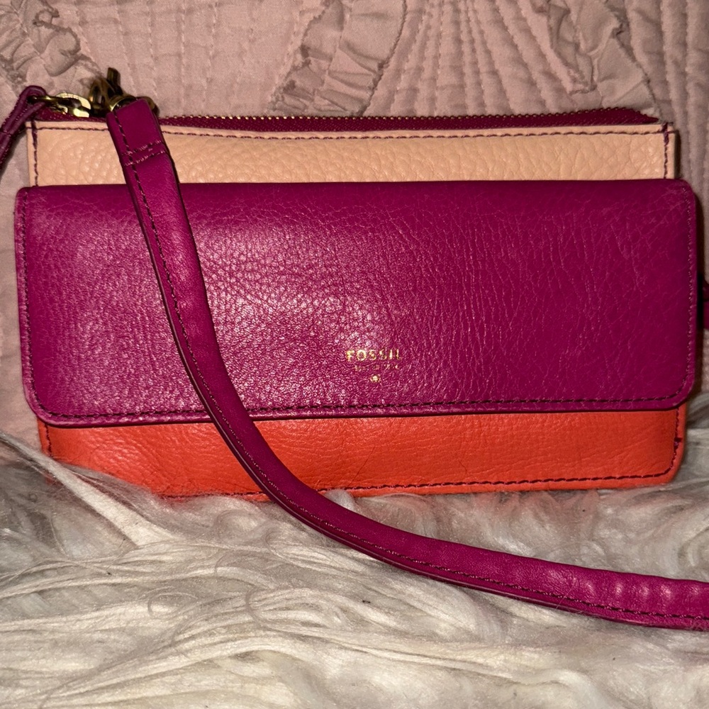 Fossil multi colored leather crossbody wallet purse